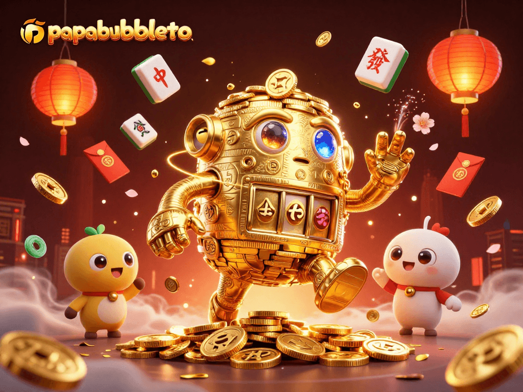 Win big with papabubbleto's dazzling casino illustration featuring a golden golem and festive symbols.