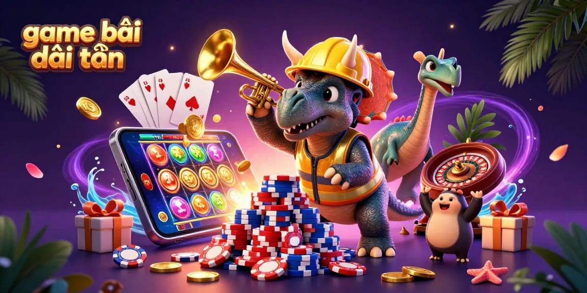 Experience the excitement of game bài đổi thưởng as a triceratops builds a poker chip pyramid amidst vibrant casino elements.