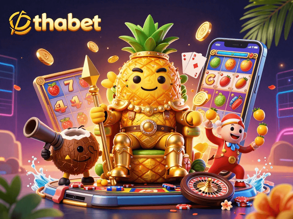 Engage in thabet's vibrant casino experience, showcasing a golden pineapple king with playful jester in a lively gaming scene.