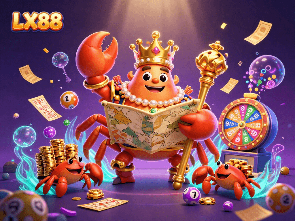 Engage with LX88's vibrant lottery scene featuring a golden crab emperor amidst colorful game elements.