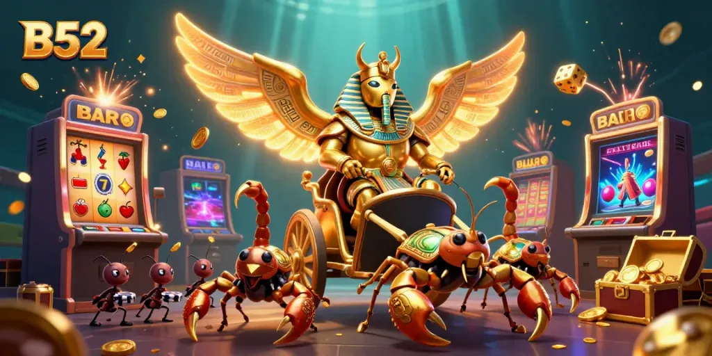 B52-themed casino illustration featuring a golden scarab riding a chariot with slot machines and poker chips.