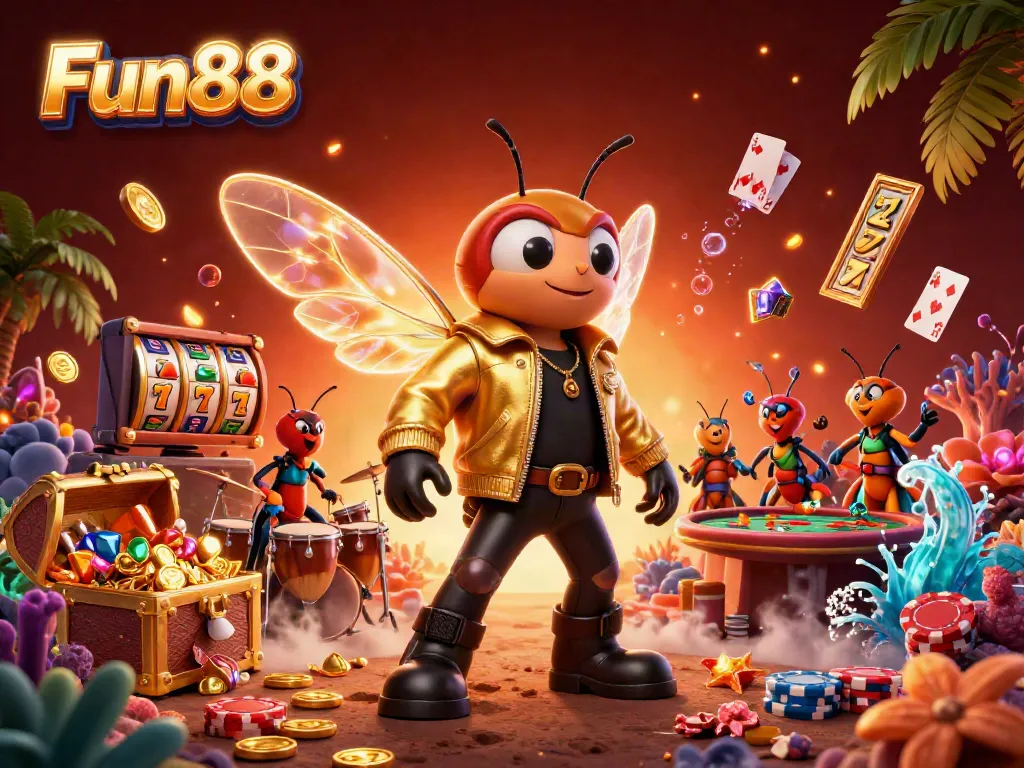 Experience Fun88's exciting slots with a vibrant 3D illustration of a cicada rock star and lively game elements.