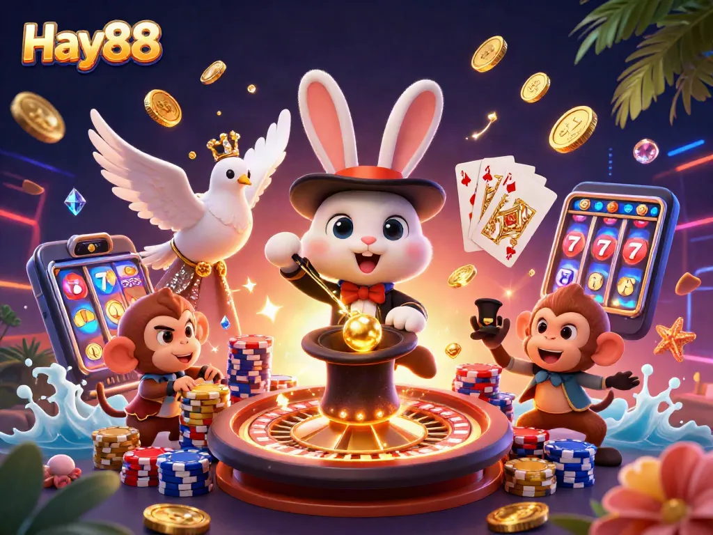 Experience the excitement of Hay88 with a magical illustration featuring a magician rabbit, a dove, and a mischievous monkey amidst casino elements.