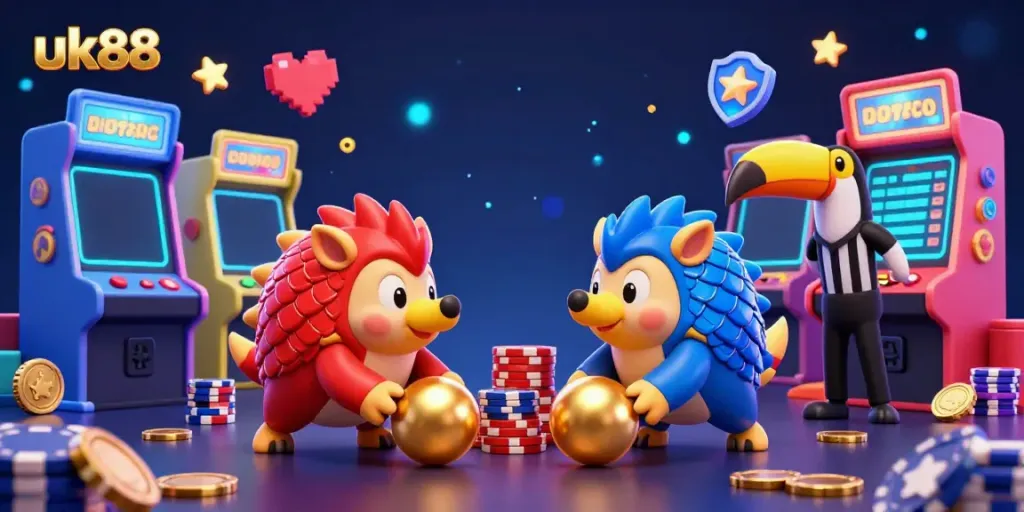 Experience fun with uk88 as rival pangolins roll poker chips in a vibrant online casino.