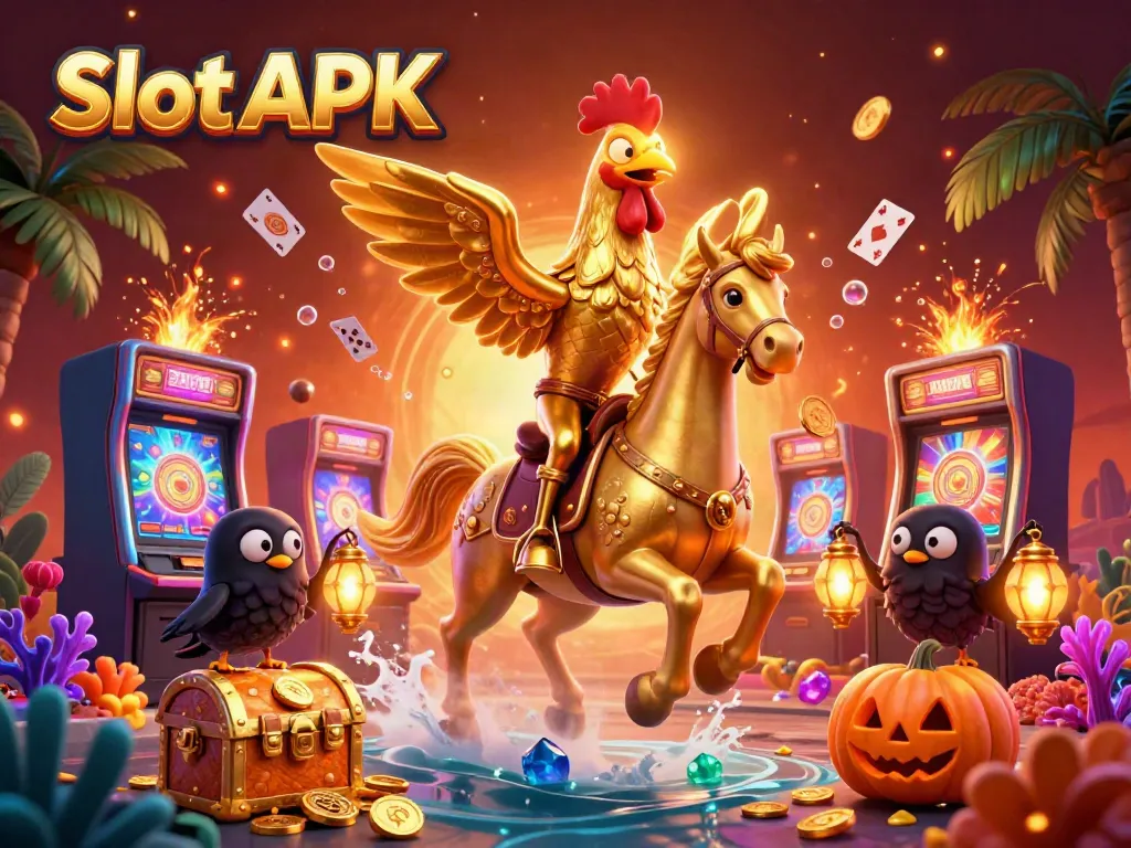 Engage with Slot APK as a golden rooster heads towards big winnings surrounded by vibrant casino elements.