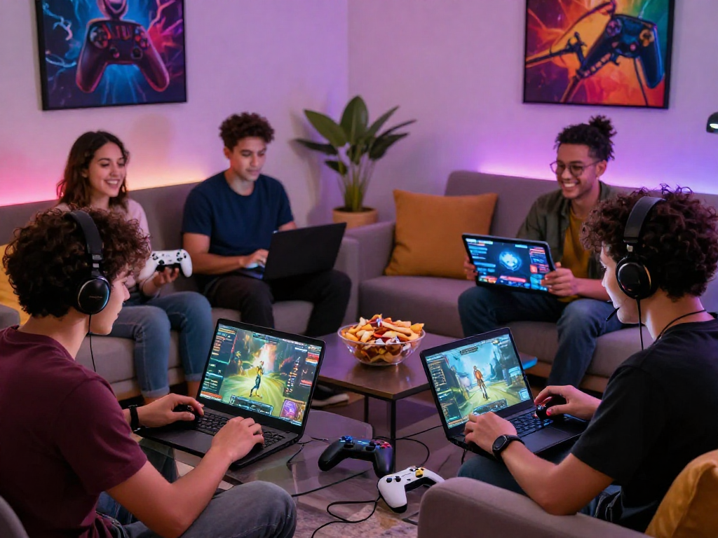 Friends playing game porn together in a cozy living room filled with gaming gear and snacks.