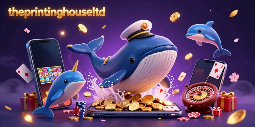 Catching jackpot winnings at theprintinghouseltd casino with a whale and poker dolphins illustration.