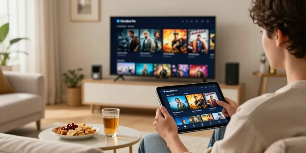 Engaged user exploring the MovieBox Pro old version on a tablet in a cozy living room setting.