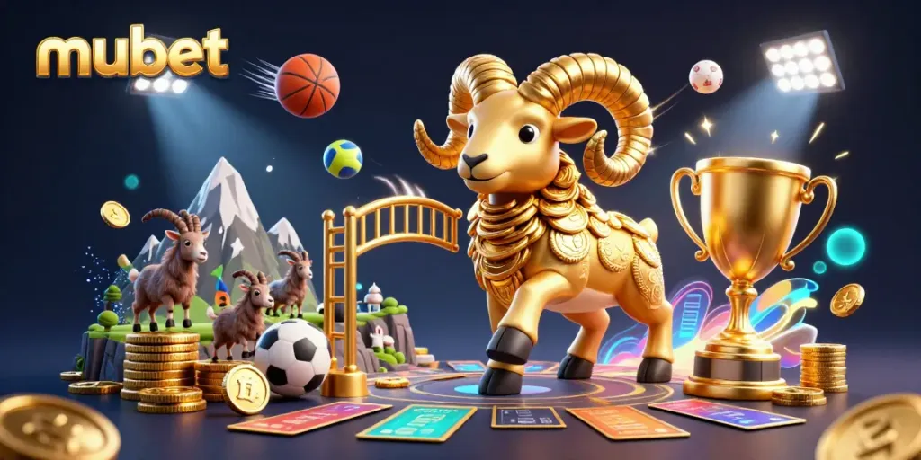 Experience the thrill of mubet with an energized scene featuring a golden ram charging through a casino atmosphere.
