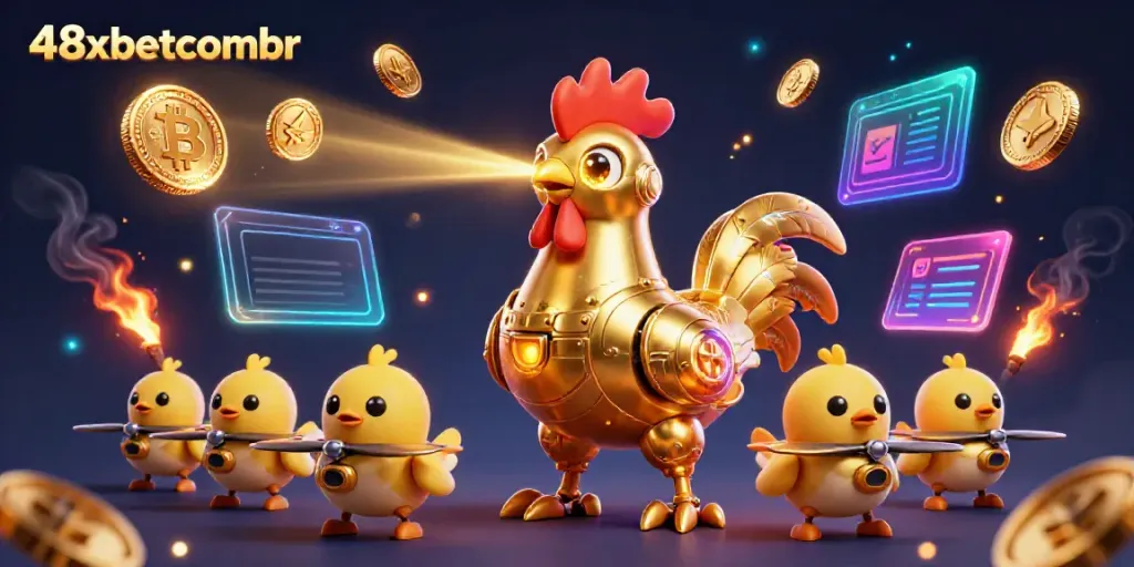 Engage with 48xbetcombr in a vibrant 3D casino scene featuring futuristic elements and crypto symbols.