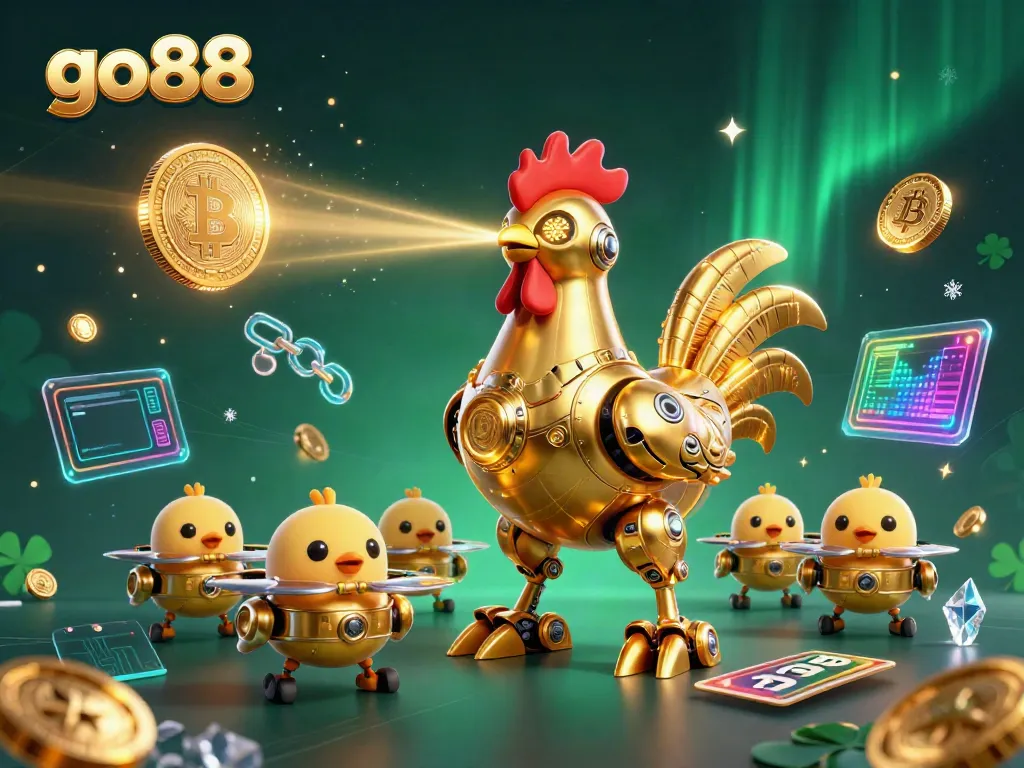Engage with the go88 gaming experience featuring a golden rooster robot amidst vibrant slots and digital elements.