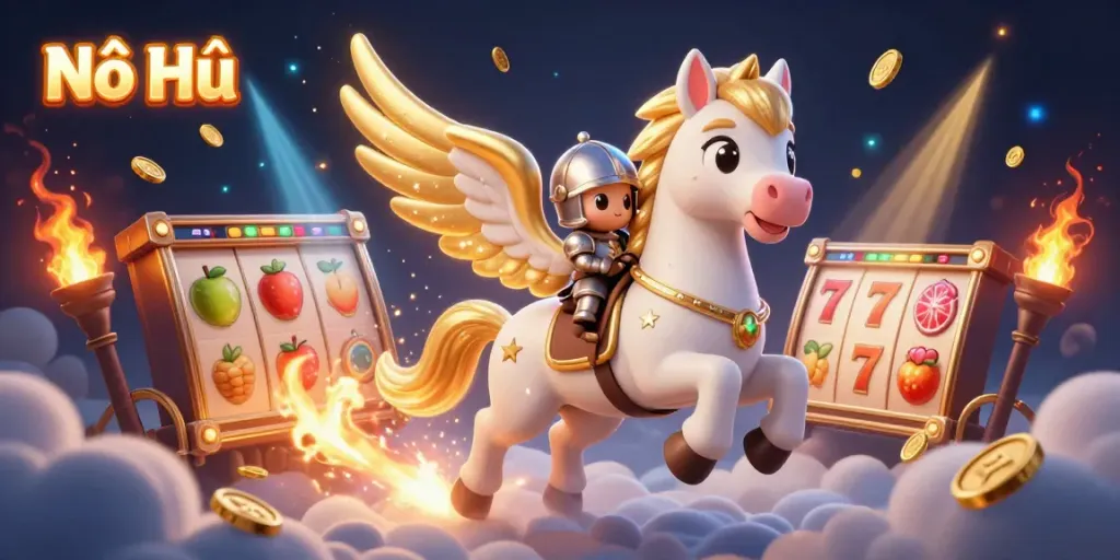 Experience the thrill of Nổ Hũ with dynamic slot reels, lucky 7s, and vibrant visuals in a whimsical scene.