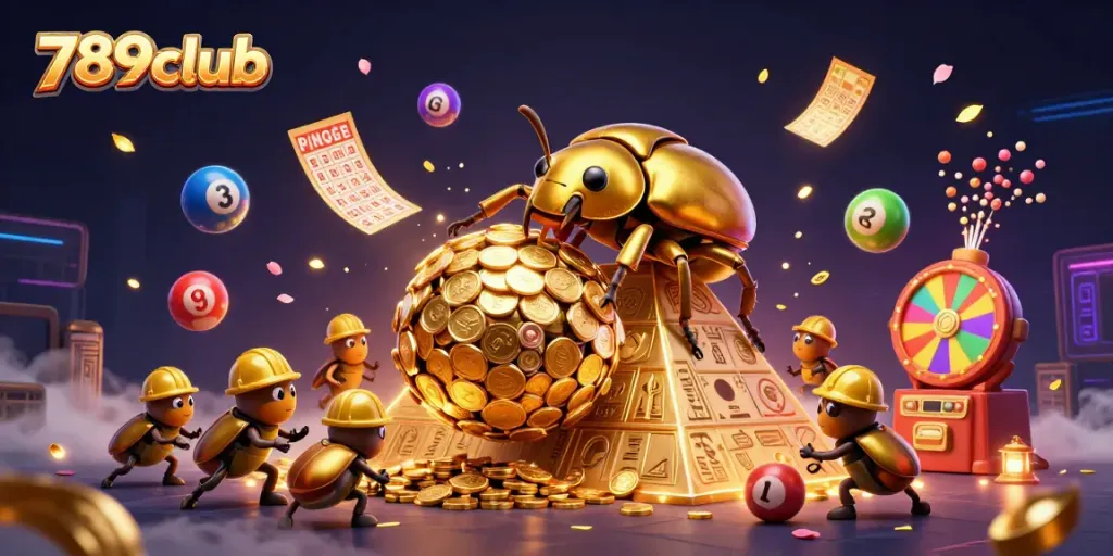 The 789club fantasy scene features a golden dung beetle rolling coins while lottery elements bounce around in a vibrant atmosphere.