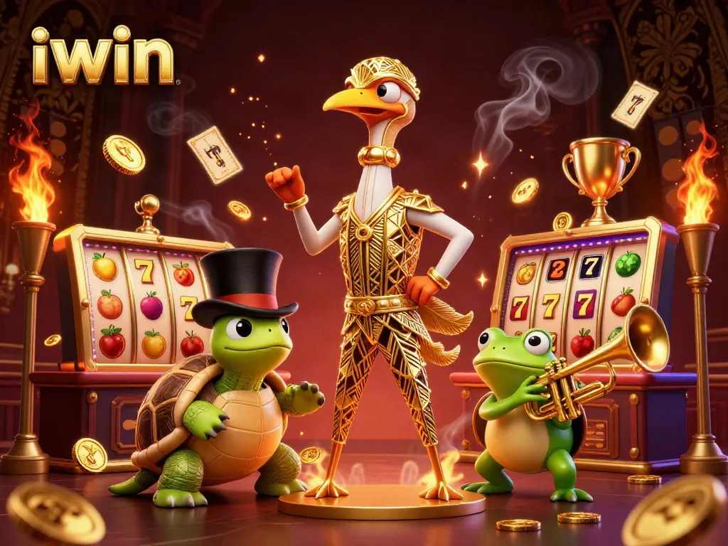 iwin offers a lively scene of slot machines, featuring a stylish crane and turtle at a casino bar.