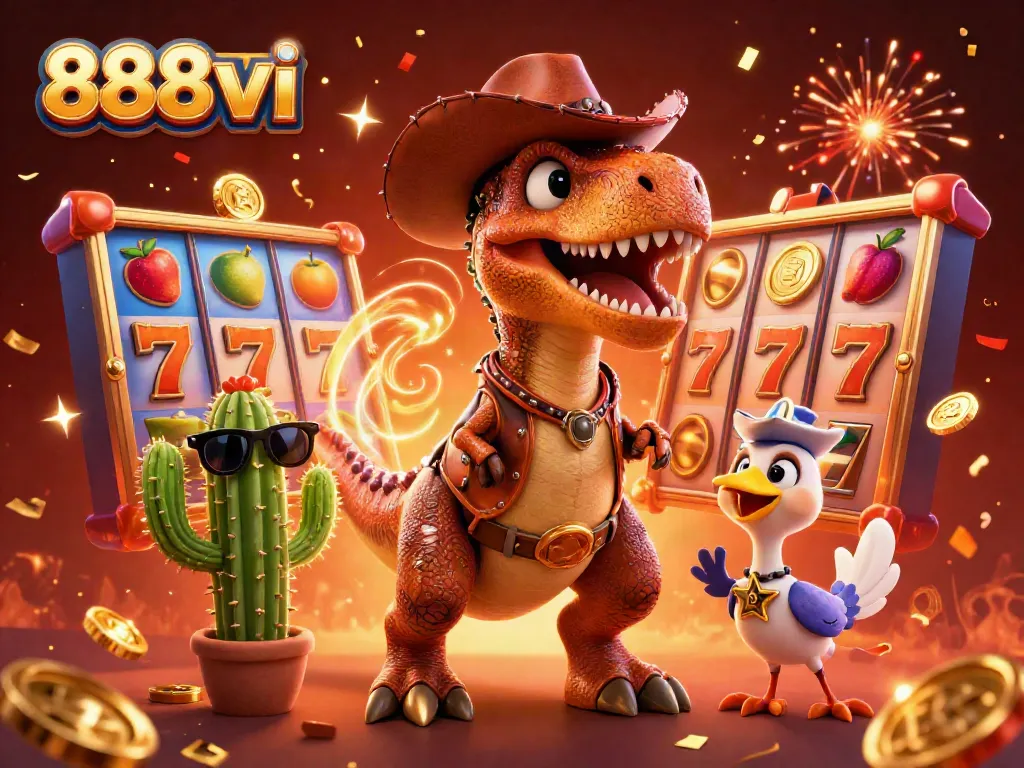 Experience thrilling gameplay at 888vi with dynamic slot reels and colorful characters in this exciting casino illustration.