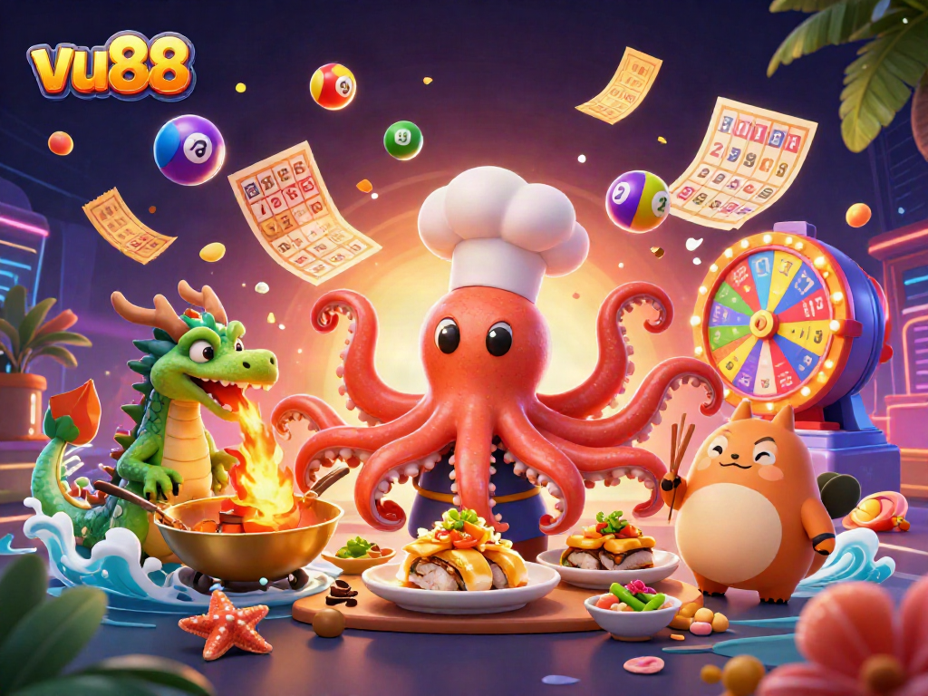 vu88 showcases an exciting lottery scene with vibrant characters and dynamic gaming elements.