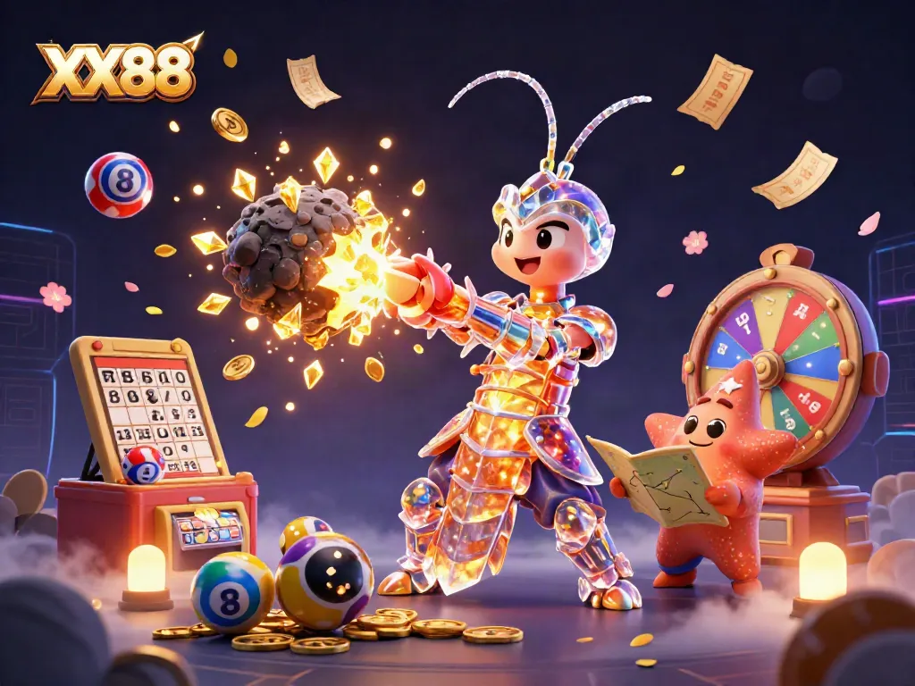 Experience the vibrant world of gambling with XX88's 3D samurai and starfish amidst explosive casino elements.