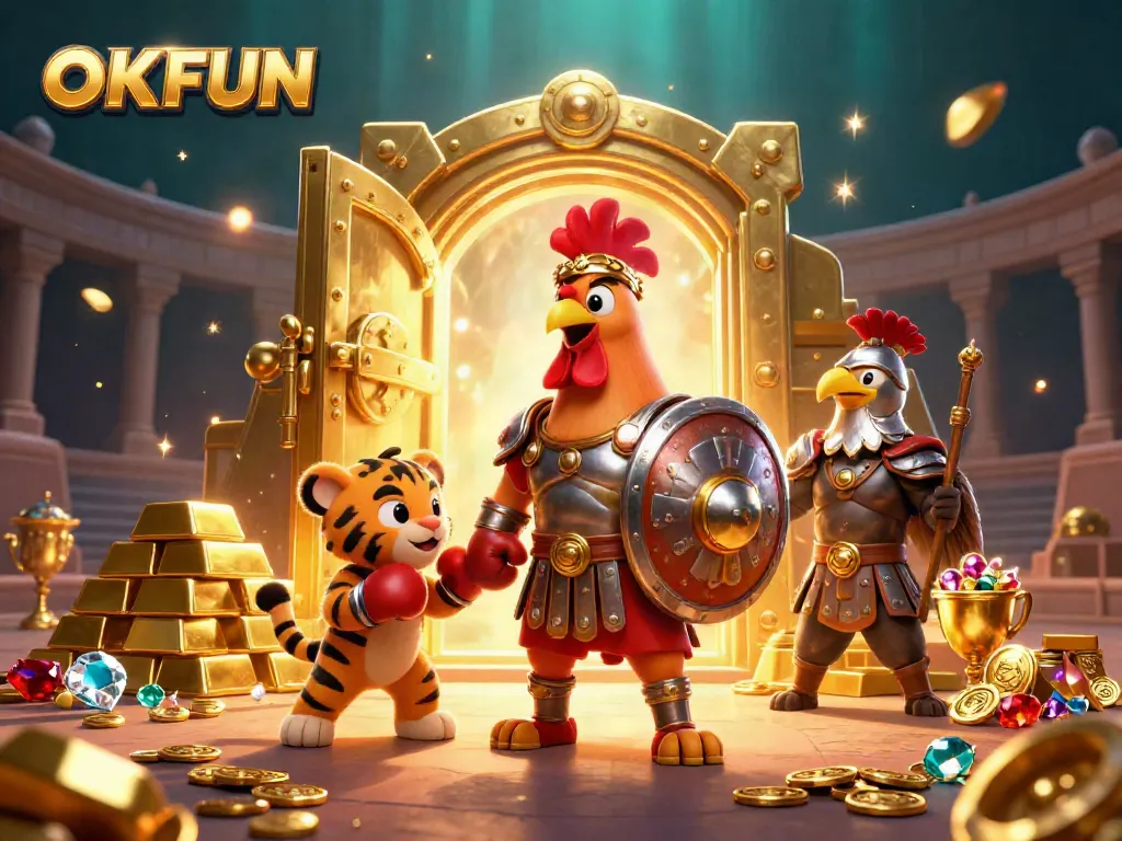 Experience the excitement of OKFUN with a lively casino-themed 3D scene featuring a gladiator rooster and treasures.