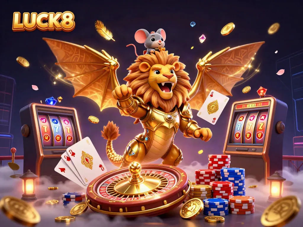 LUCK8 showcases an immersive casino scene with a magical chimera and dazzling games.