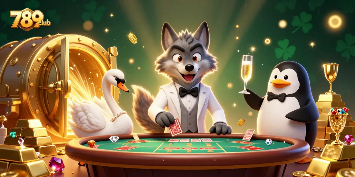 Experience luxury and excitement at 789club with a lavish casino setting featuring vibrant characters and sparkling treasures.