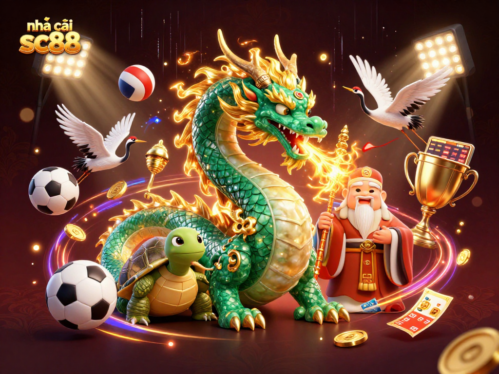 Engage in dynamic gameplay at nhà cái sc88 with vibrant symbols, dragons, and sports elements.