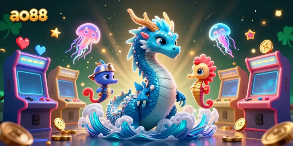 Join the ao88 adventure with a vibrant dragon and seahorse knight amidst glowing gaming elements.