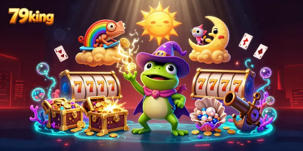 Engage with 79king's dynamic casino adventure featuring a wizard frog and chameleon amidst gold coins and slots.