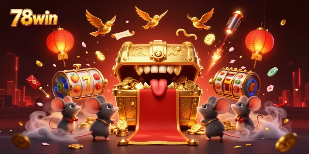 Experience riches at 78win with a golden treasure chest luring adventurer mice amidst vibrant casino elements.