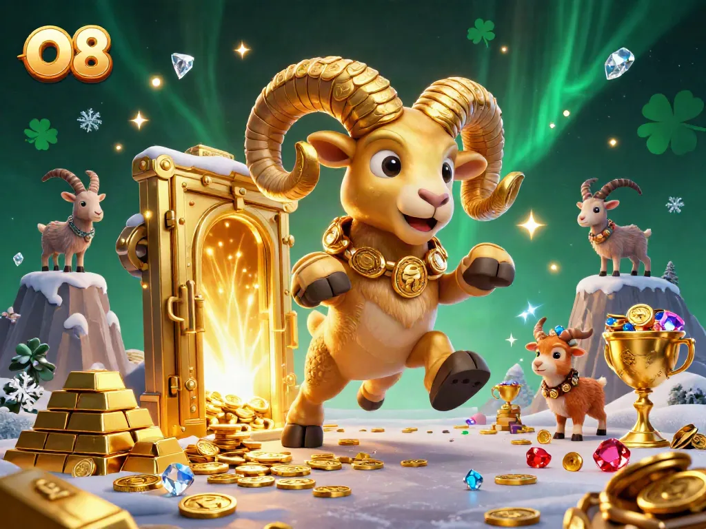 Play slots at O8 featuring a charging ram symbolizing wealth in dynamic action within a treasure-filled setting.