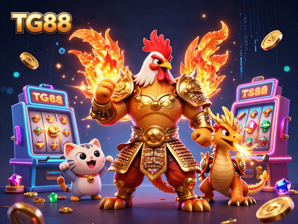 Engage in exciting jackpot adventures with TG88's thrilling casino scene featuring a warrior and a dragon amidst vibrant slot machines.
