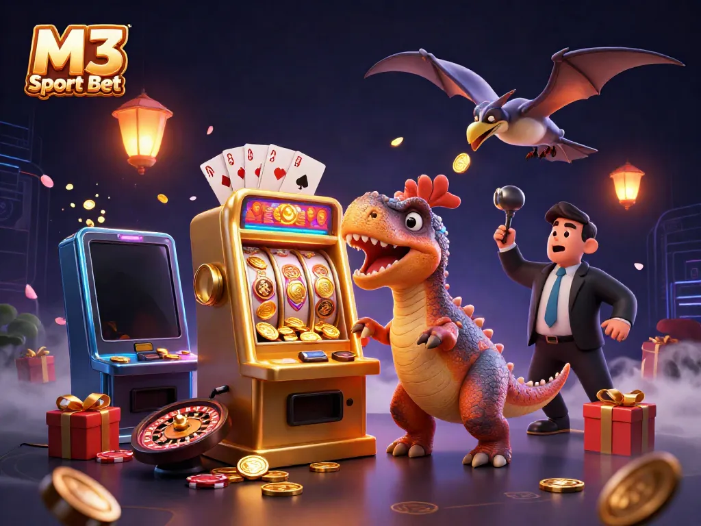 M3 Sport Bet showcases a pachycephalosaurus celebrating a jackpot win with flying casino elements and exciting visuals.