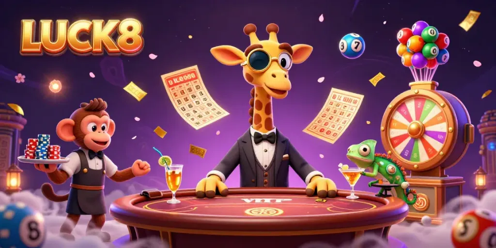 Experience the vibrant world of LUCK8 with cartoon characters in a Casino setting, showcasing high energy and game elements.