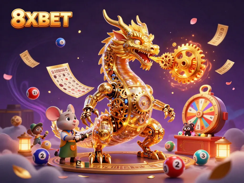 Experience the excitement of the 8XBET casino world with a golden dragon and vibrant winning elements in this dynamic scene.