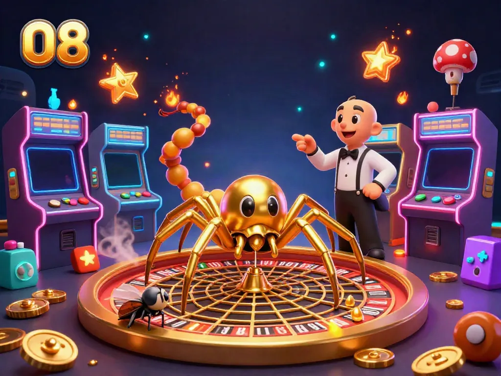 Experience the excitement of O8 with a golden spider spinning a roulette web in a lively casino scene.