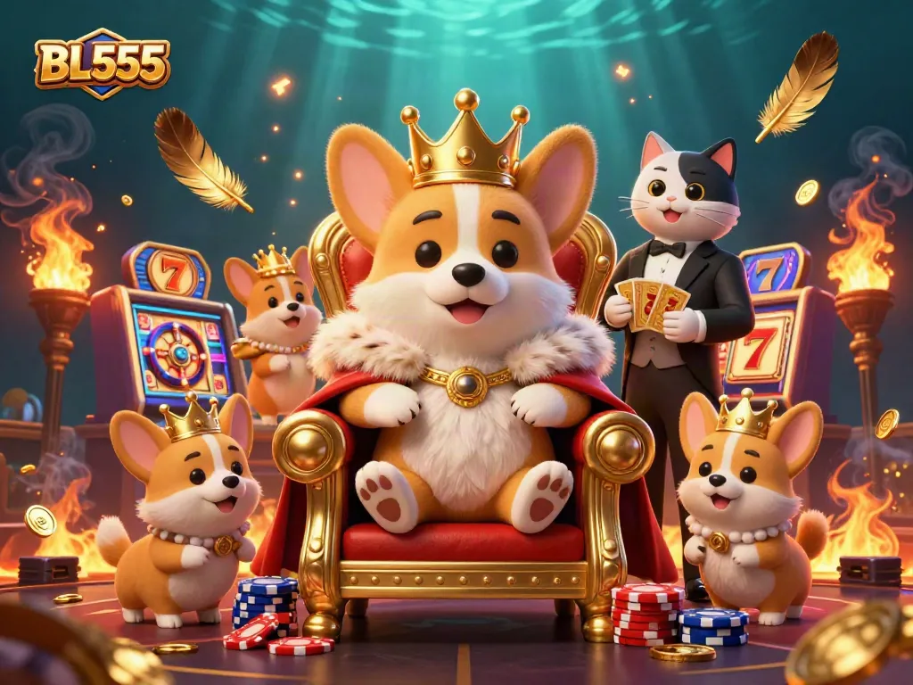 Engage with BL555, the premier online casino, showcasing a heroic corgi surrounded by thrilling slot games and vibrant gold.
