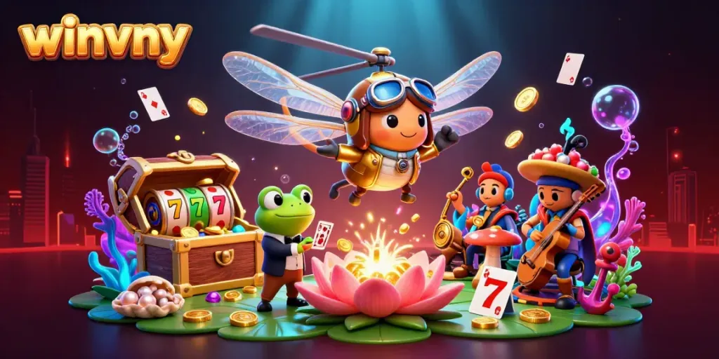 Experience thrilling wins at winvny with vibrant casino games and dynamic characters in a lively 3D scene.