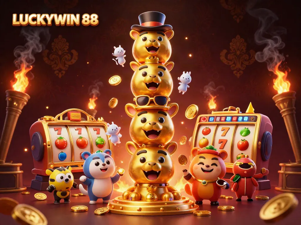 Engaging 3D scene showcasing LUCKYWIN 88 with vibrant slot game elements, a golden totem pole, and dynamic visuals.