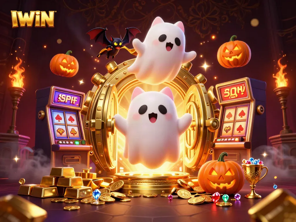 IWIN showcases a vibrant ghost cat and a vampire bat in a haunted casino, surrounded by treasure.