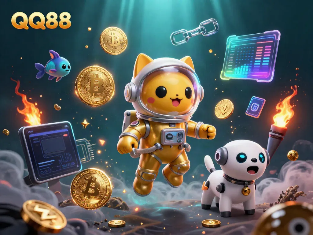Engage in QQ88 gaming excitement with a 3D space cat and crypto elements highlighting casino fun.