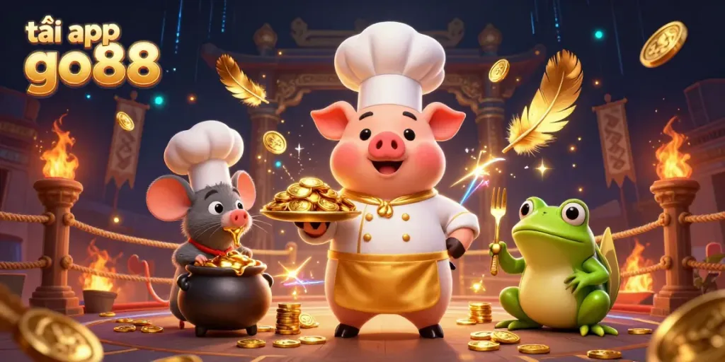 Engage with the vibrant 3D scene illustrating tải app go88 featuring unique characters and dynamic casino elements.