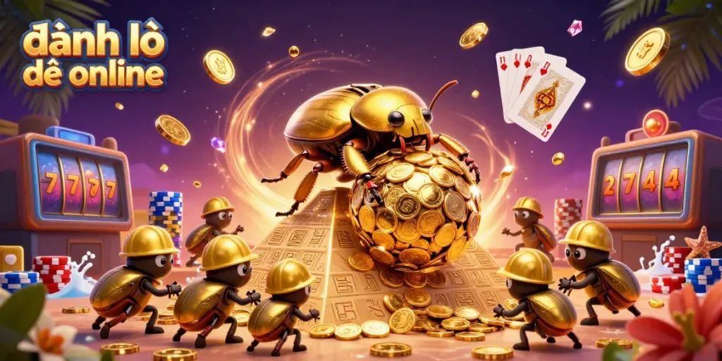 Engage in đánh lô đề online with vibrant 3D characters rolling golden coins, surrounded by dynamic gambling elements.