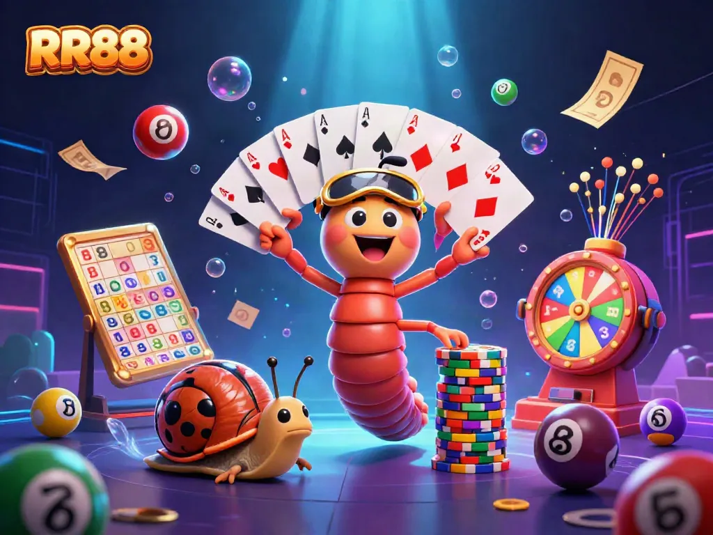 Experience the excitement of RR88 with colorful characters and dynamic lottery elements in 3D illustration.