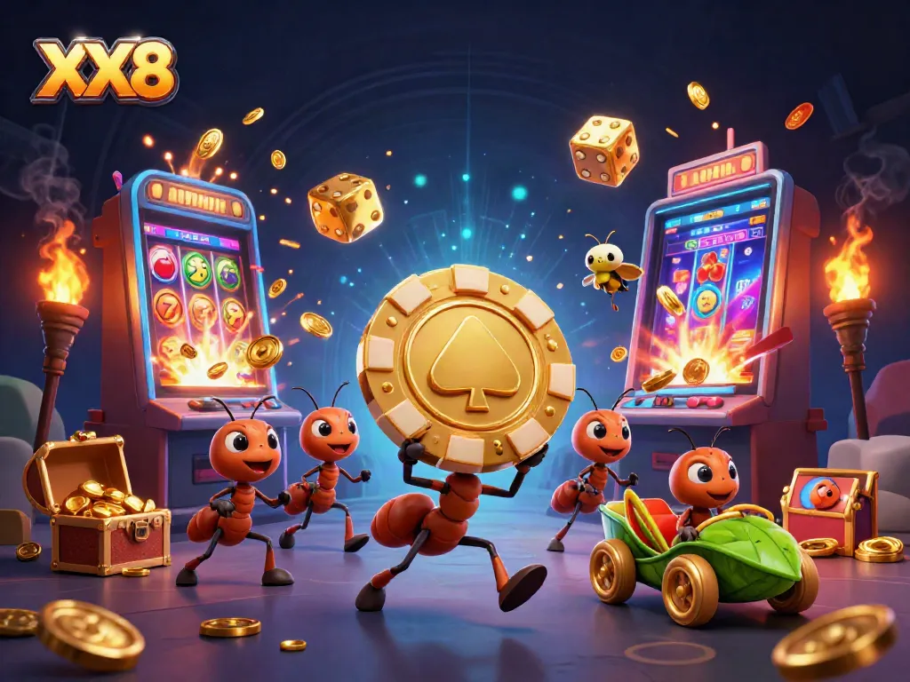 XX8 team of cartoon ants racing with a giant poker chip amidst a vibrant casino explosion.
