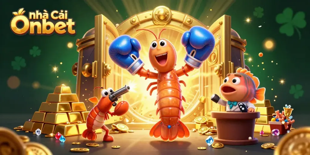 Engage with Nhà Cái Onbet's offering through this dynamic casino-themed 3D illustration showcasing treasure and gaming elements.