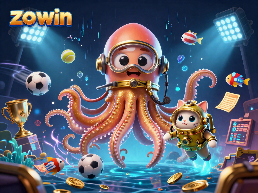 Betting with zo win: A vibrant 3D scene featuring a kraken and diving cat surrounded by dynamic sports elements.