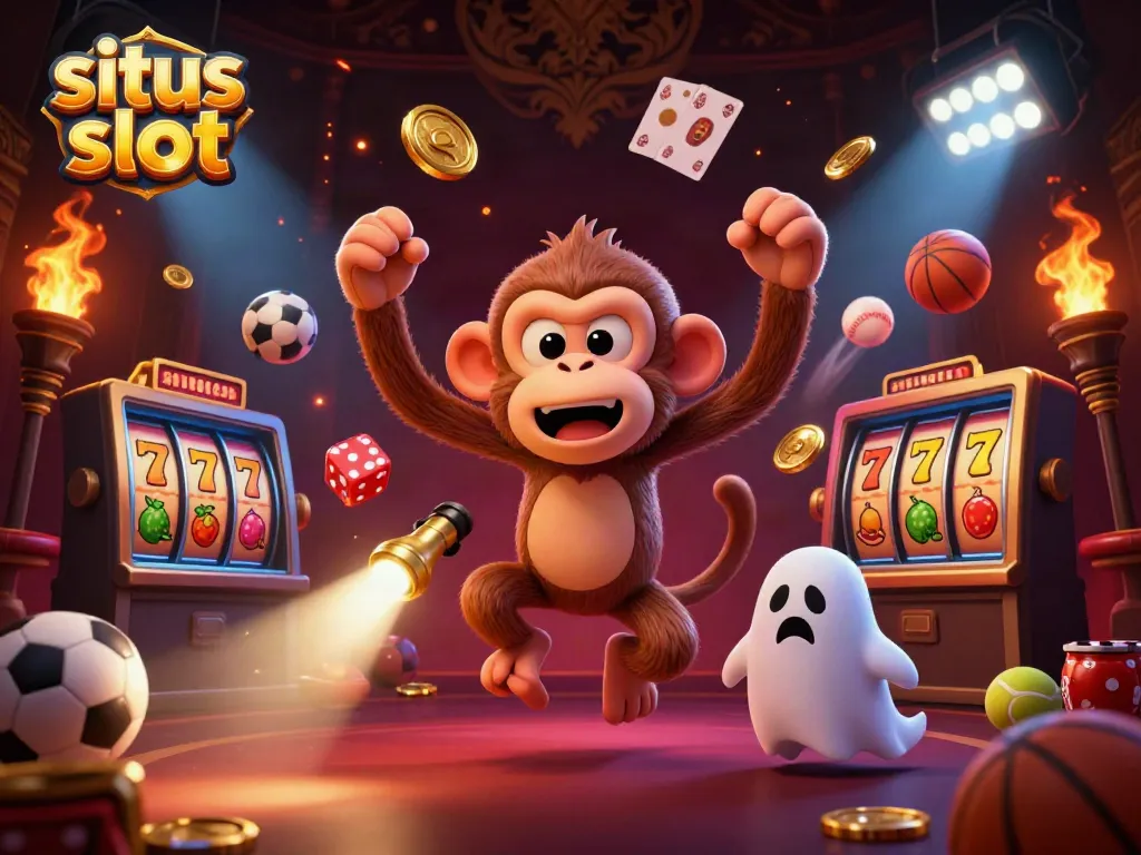 Engaging scene showcasing a playful poltergeist monkey juggling casino elements in a haunted setting with a ghost-hunter puppy tracking it, highlighting situs slot.