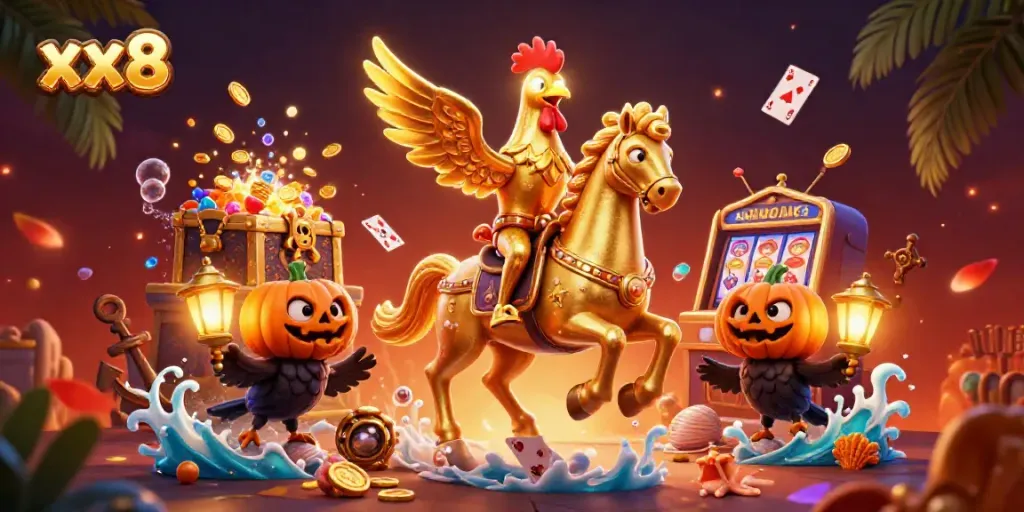Engaging illustration of xx8's captivating casino scene, featuring golden rooster characters amid sparkling treasures.