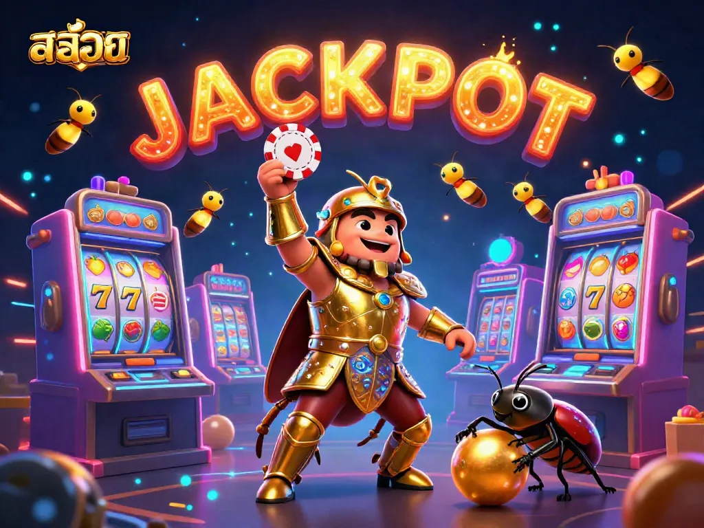 Experience excitingสล็อตออนไลน์ action with a heroic beetle lifting a poker chip under glowing slot machines.