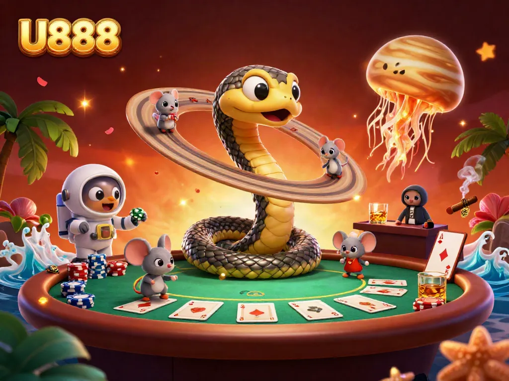 U888 showcases a captivating casino scene with betting astronaut mice and a cosmic dealer.