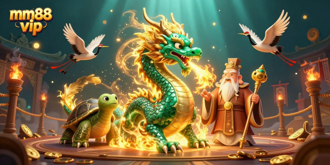 Experience the thrill of mm88 vip gaming with a vibrant 3D casino illustration featuring a dragon and turtle sage.